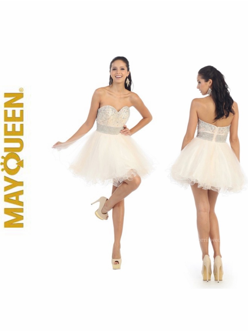 May Queen Strapless Beaded Tulle Mini Party Dress Ivory Sz 4 Glam Princess Prom